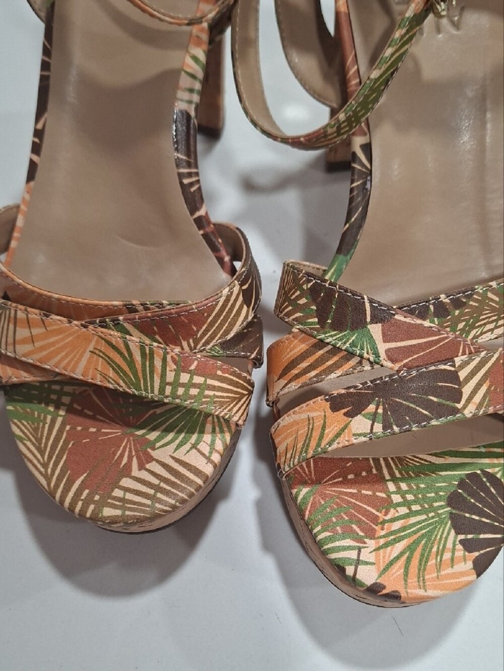 Naturalizer Brown and Green Tropical Print Ankle-Strap High Heels